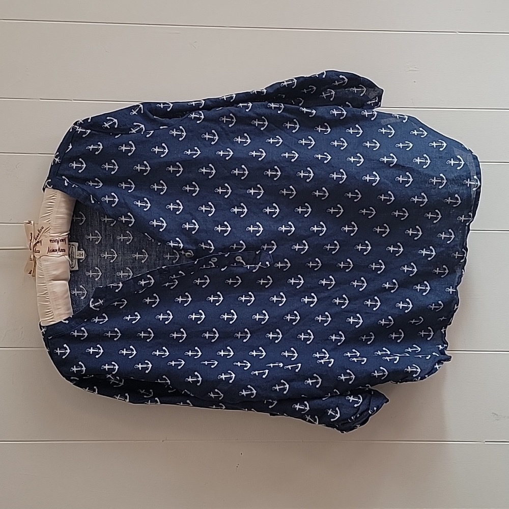 Grand & Greene Blue and White Anchor Blouse Women's Size Large Cotton Li…
